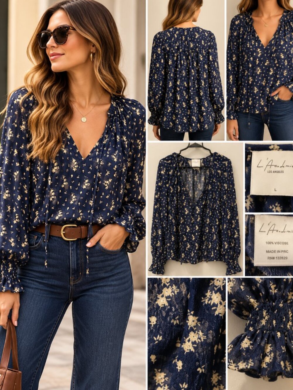 L'Academie Navy Cream Floral Boho Blouse Size L V Neck Balloon Sleeve Romantic